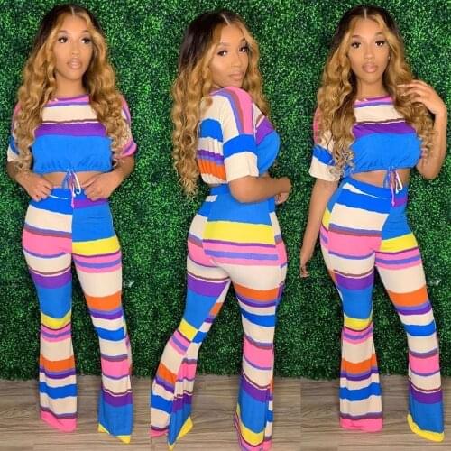 Multicolor Stripes Pant Sets Half Sleeve Round Neck Lace Up Open Navel T-shirt Boot Cut Pant Two-piece Set Casual Nightclub Suit