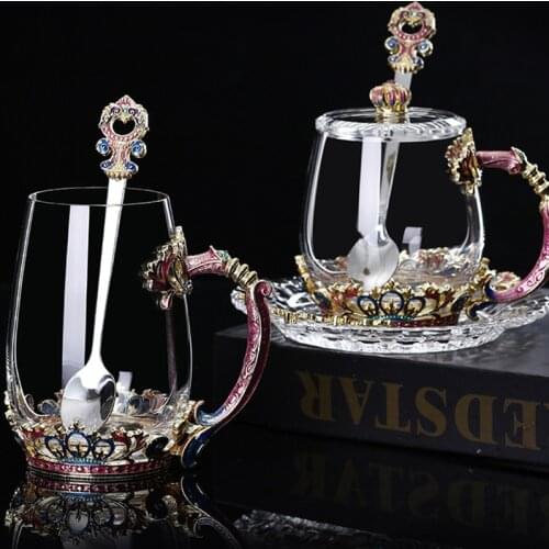 Crown Enamel Color Water Cup High Grade Luxury Flower Tea Cup Creative European Heat Resistant Glass with Spoon Cover