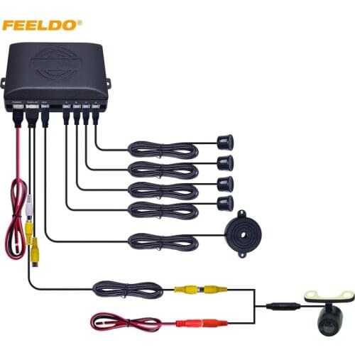 FEELDO 1Set Car 4-sensor Rearview Parking Sensor Reversing Aid System With 16.5mm External Mounting Camera