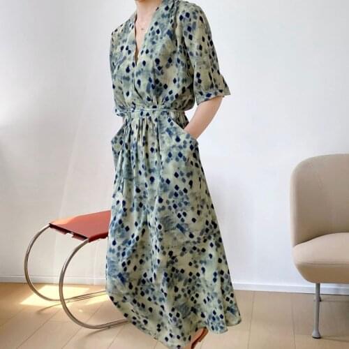 French Deep V-neck Short Sleeve Women Dresses Lace-up Slim A-line Femme Robe 2021 Summer Fashion Print Pocket Long Elegant Derss