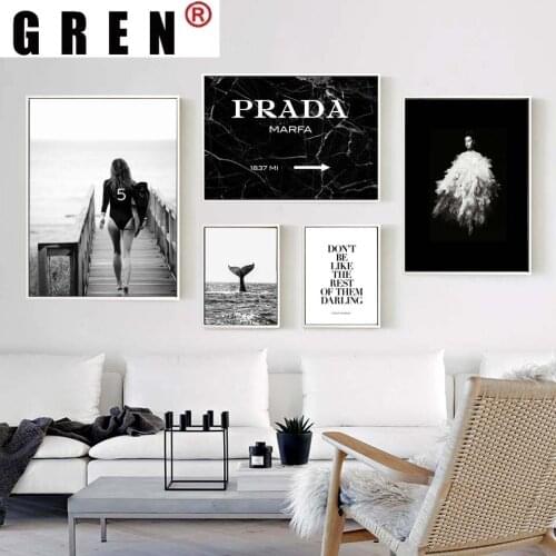 GREN Black White Vogue Surf Woman Letter Poster Modern Wall Pop Art Canvas Painting Picture Prints Living Room For Home Decor