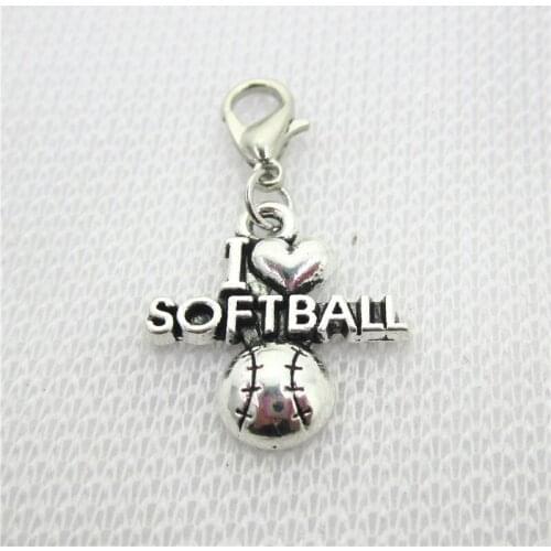 Hot Selling 20pcs/lot I Love Softball Dangle Charms Lobster Clasp Charms DIY Bracelet Necklace Pendant Jewelry Hanging Charms