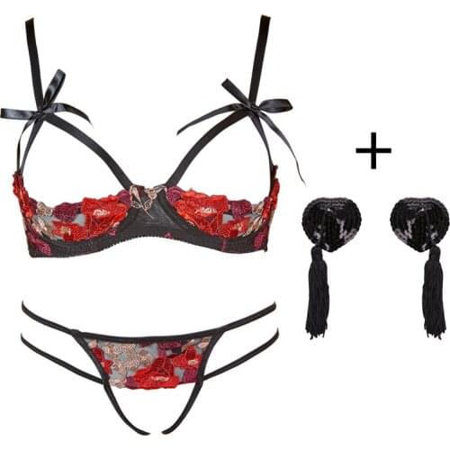 Intimates Women Sexy Underwear Velvet Embroidery High Quality Suede Dew Push Up Half Bra Bralette Thong Lingerie Set