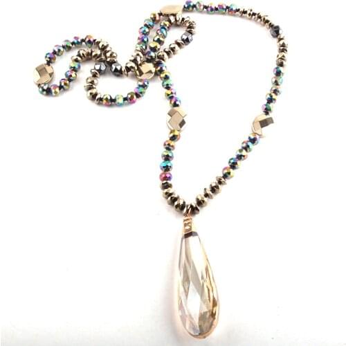 Fashion Bohemian Tribal Jewelry Crystal / Hematite Long Knotted Long Glass Drop Pendant Necklaces