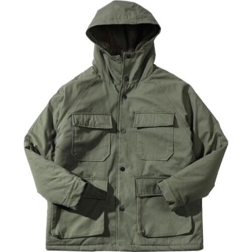 Mens winter coat jacket cotton casual tooling warm windbreaker thick hooded coat solid color fashion coat