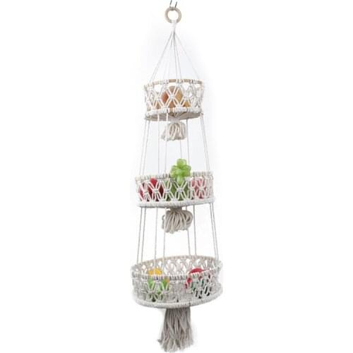Hanging Fruit Basket 3 Tier Woven Cotton Rope Wall Baskets Kitchen Produce Storage Organizer Plant Holder Macrame Boho Home