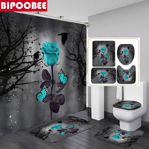Night Sky Blue Rose Flowers Shower Curtain Sets Non-Slip Rugs Toilet Cover and Bath Mat Waterproof Bathroom Curtains with Hooks