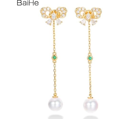 BAIHE Solid 18K Yellow Gold 6mm Freshwater Pearls Earrings H/SI 0.36ct Diamonds 0.02ct Emerald Butterfly Stud Earrings for women