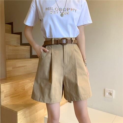 Women Bermuda Shorts With Belt High Waist Wide Leg Front Pleats Soft Shorts Summer Student Girl Casual Outfits