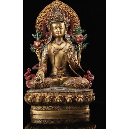 9" Tibet Buddhism Old Bronze Painted moonlight Seven eyes Green Tara Buddha statue Holy Salvation Buddha Sitting Buddha