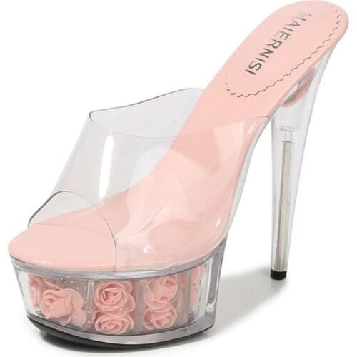 Fashion Women Transparent Crystal Flowers Platform 15cm High Heel Slippers Sexy Ladies Peep Toe Nightclub Model Catwalk Sandals