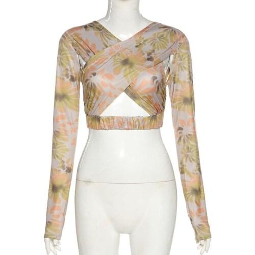 2021 Sexy Hollow Out Cross Long Sleeve Shirt Spring Fashion Print Graphic T Shirts Womens Crop Tops