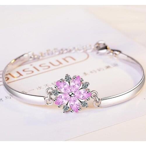 KOFSAC New Fashion Luxury Crystal CZ Sakura Flower Bracelet 925 Sterling Silver Chain Bracelet Bangles For Women Jewelry Gifts
