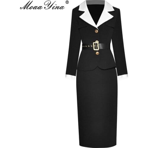 MoaaYina Fashion Set Spring Womens Long sleeve Single-breasted lace-up Suit Tops+package hip skirt Elegant Two-piece set