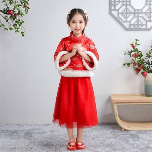 Cheongsam girl winter new thickened red New Years clothing girl New Years clothing red dress to keep warm vestido chino