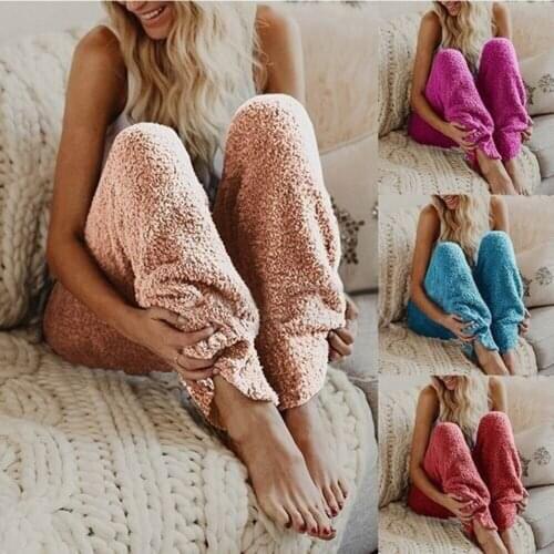 Winter Womens Soft Plush Lounge Flannel Pajama Sleep Bottoms Night Wear Solid Color Long Pants Winter Thicker Sleepwear Trouser