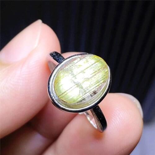 100% Natural Gold Rutilated Quartz Adjustable Ring 11x8mm Crystal Oval 925 Sterling Silver Wealthy Stone Women Ring AAAAAA