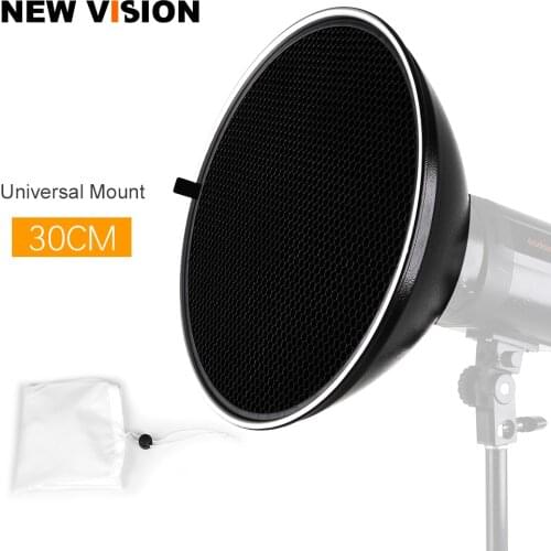 30cm / 12" Studio Silver Beauty Dish Universal Mount + Honeycomb Grid + Diffuser Sock