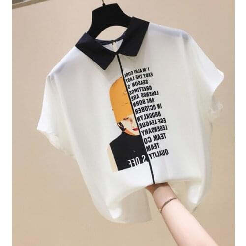 Women Chiffon Blouses Summer Shirts Casual Short Sleeve Cat White Tops Korean Office Lady Slim Floral Shirt Sweet Blusas Mujer