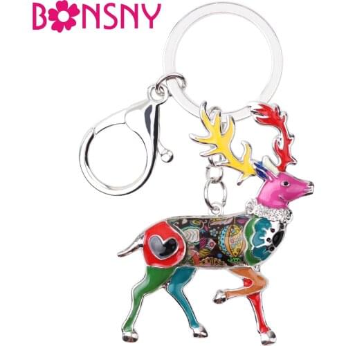 Bonsny Enamel Alloy Reindeer Deer Key Chain Key Ring Handbag Charm Keychain Accessories Animal Jewelry For Women Christmas Gift