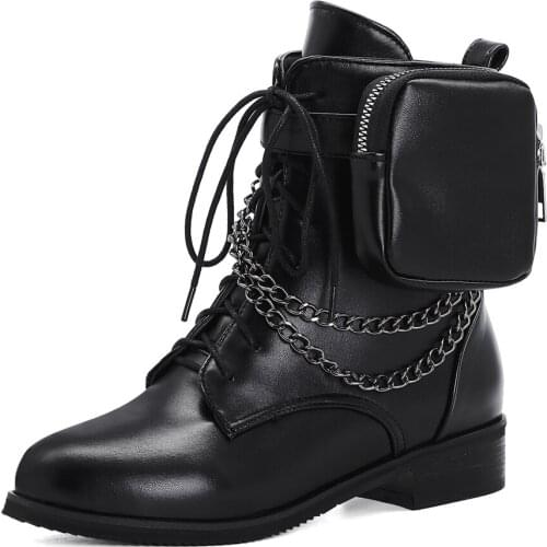 Low-Heel Matching Wallet Metal Chain Ankle Boots Round Head Lace Belt Buckle Short Plush Punk Trendy Women’S Boots