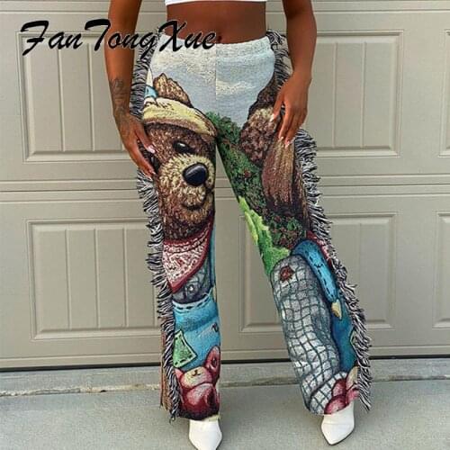Summer Pants Women Cartoon Animal Tassel Vintage Clothing Straight Long Elastic Waist Fashion Pants Women