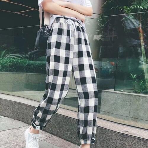 Black White Plaid Pants Sweatpants Women Side Stripe Trousers Casual Cotton Comfortable Elastic Pants Joggers T8