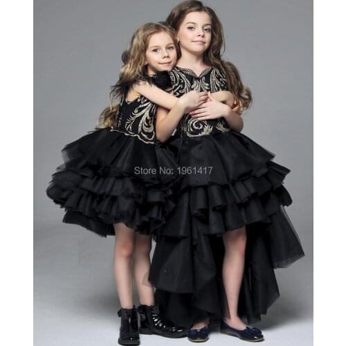 Black Princess Children Flower Girl Dresses For Weddings Kid Girls Party Pageant Dress With Long Train For Little Girls Glitz
