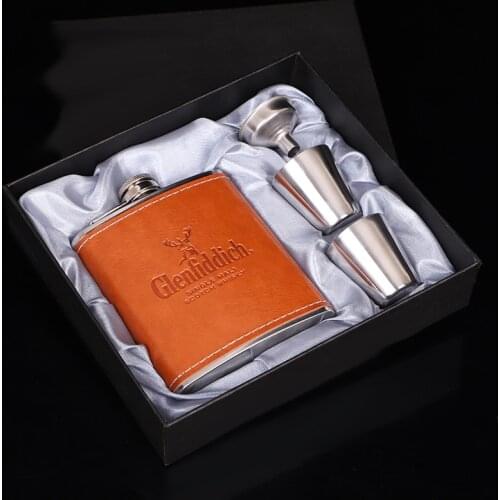 7OZ Hip Flask MINI Liquor Bottle Christmas Gift Box Stainless Steel Wine Pot Leather Surface Portable Whiskey Bottle Gray Silk