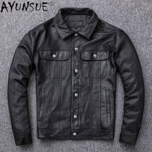 AYUNSUE Mens Clothing 2020 Autumn Genuine Leather Jacket Men Goatskin Denim Style Clothes Male Motorcycle Jackets Ropa LXR535