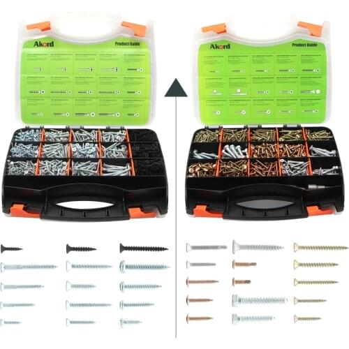 AKORD Fasteners Set Screw Master 1500pcs Screws Kit Including Chipboard Self Drill Metal Screws Stitching Timber Wood Tapping