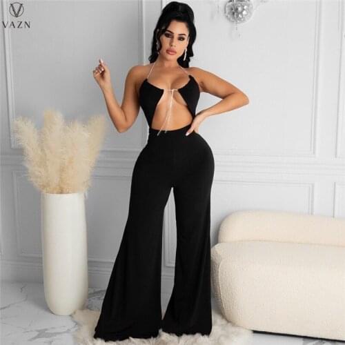 VAZN 2021 New Shinny Solid Black Formal Pleated Sexy Lady Women Party Beach Jumpsuits Full Pant Bandage Rompers