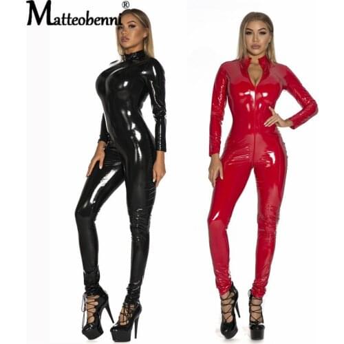 New Plus Size 5XL Women Sexy Lingerie Faux Leather Night Club Jumpsuit Bodysuit Latex PVC Catsuit Zipper Open Crotch Erotic Wear