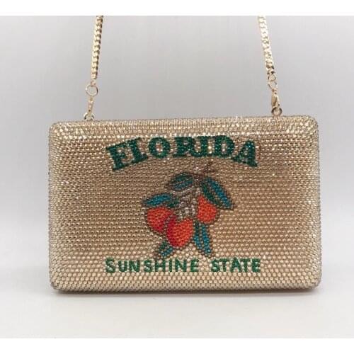 New Arrival Full Diamond Party Purse High-End Green Letter FORIDA SUNSHINE STATE Gold Wedding Phone Clutch Prom Mini Minaudiere