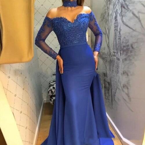 2019 Saudi Arabic Royal Blue Mermaid Prom Dresses Off Shoulder Long Sleeves Prom Gowns Vestidos de gala Elegant Evening Dress