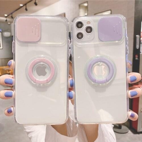 Slide Camera Protection Transparent Phone Case For iPhone 12 11 Pro Max 12Mini XR XS Max X 7 8 Plus Ring Holder Shockproof Cover