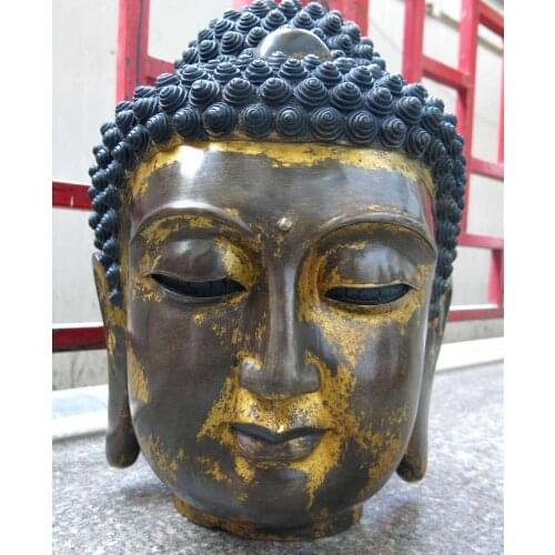 17" China old bronze carved copper fine buddhism Sakyamuni Buddha head Statue