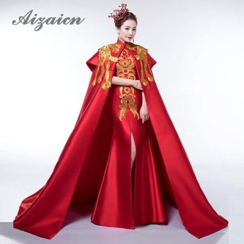 Luxury Red Embroidery Tailing Evening Dress Elegant Fashion Show Gold Phoenix Cheongsam Traditional Chinese Wedding Dresses