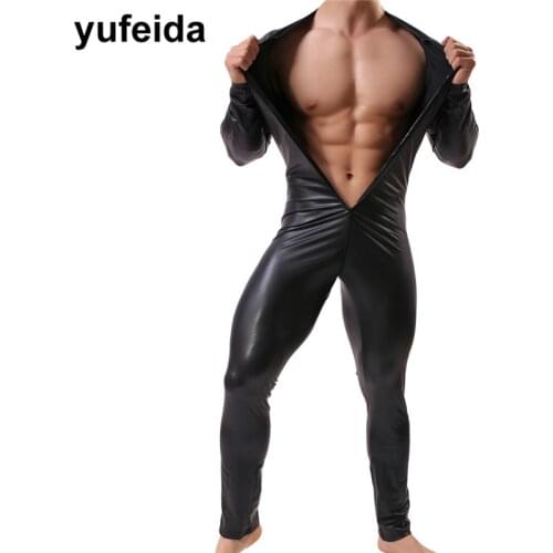 Sexy Mens Undershirts Jumpsuits Faux Leather Wet Look Catsuit Gay Underwear Bodysuits Wrestling Singlet Zipper Leotard Clubwear