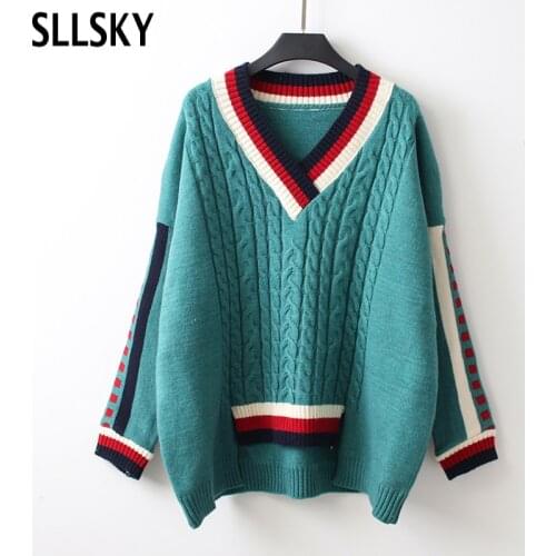 SLLSKY Twisted Irregular Korean Women Pullovers 2020 Winter Fashion V-Neck Sweater Long Sleeve Female Knitted Patchwork Tops