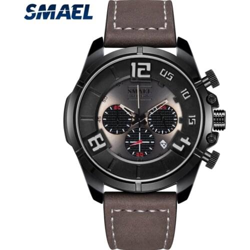 SMAEL Casual Sport Mens Watches Top Brand Luxury Leather Fashion Wrist Watch for male Clock SL-9075 Chronograph Wristwatches Men