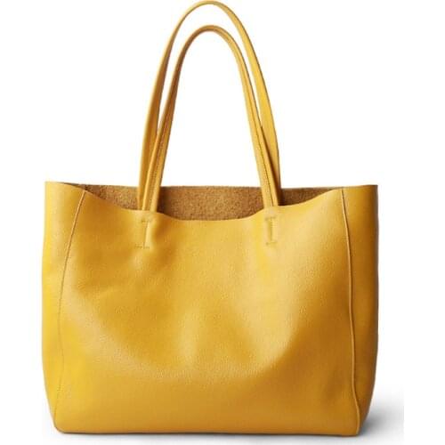 Luxury Women Leather Bag Casual Totes Female Yellow Fashion Shoulder Handbag Lady Cowhide Genuine Leather Shoulder Shopping Bag