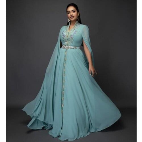 Eightale Vintage Evening Dresses V-Neck Appliques Cap Sleeve Kaftan Dubai Chiffon Caftan Arabic Prom Gown Party Dress