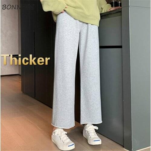Women Casual Pants Thicker Straight Solid Elastic Waist Loose Soft All-match Korean Style Trendy College Students Female Popular
