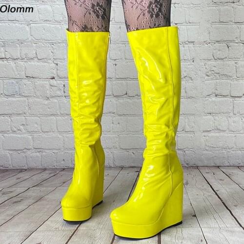 Olomm Handmade Women Winter Knee Boots Patent Leather Side Zipper Wedges Heels Round Toe Red Black Party Shoes Plus US Size 5-20