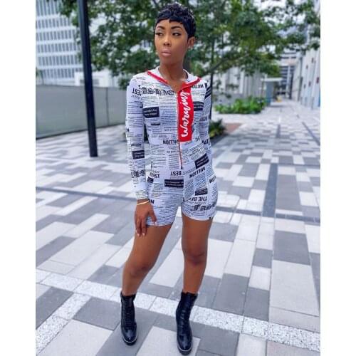 UVRCOS Hoodie Jumpsuit For Women 2021 Long Sleeve Printed Front Zipper Skinny Slim Rompers Combinaison Femme Short Pant Playsuit