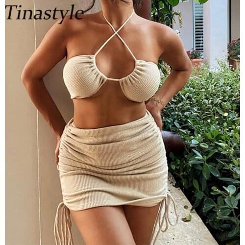 Tinastyle Solid Drawstring Sexy Women Two Piece Set Sleeveless Crop Top and High Waist Bodycon Mini Skirt Casual Women Outfits