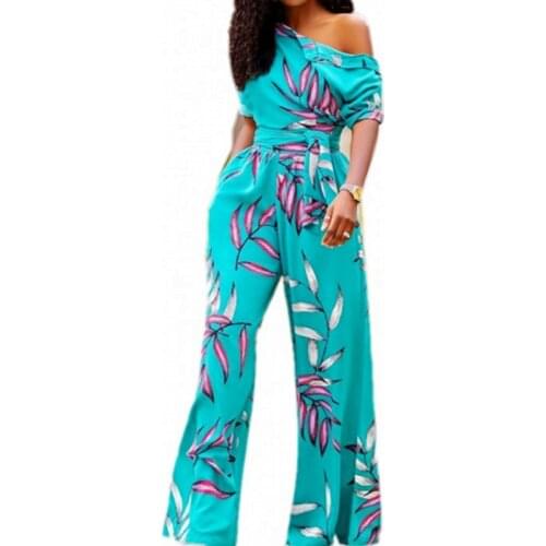 Lady Office Work Wear Modes Rompers Printed Short Sleeve High Waist Large Size Slim Wide-legged Womens Jumpsuit Playsuits
