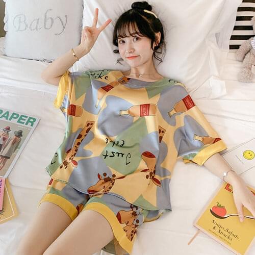 Korean Version Ice Silk Pajamas Women Summer Thin Short-sleeved Sweet and Cute Giraffe Plus Size Summer Home Service Suit