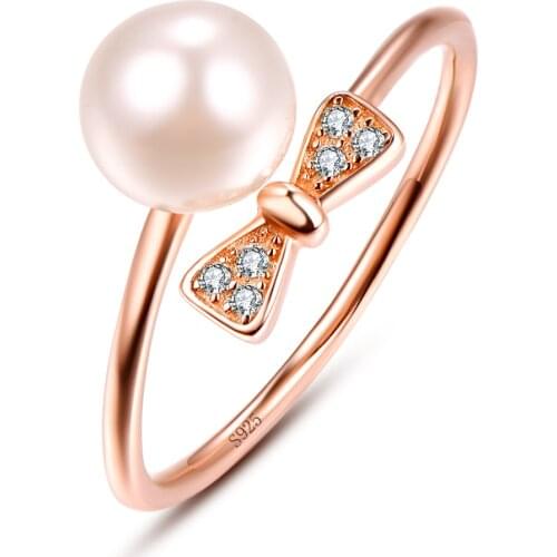Women 925 Sterling Silver Ring Rose Gold Color Pearl Rings Zircon Bowtie Engagement Rings Jewelry